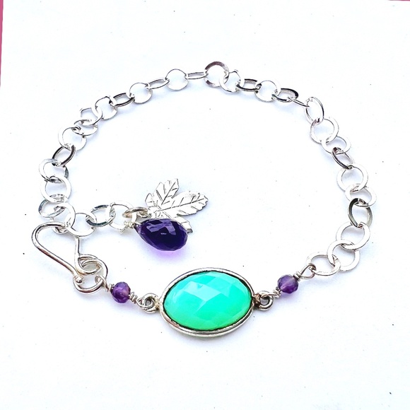 Natural Teal Chalcedony Amethyst Bracelet with Leaf Charm Solid Sterling Silver - Picture 1 of 7